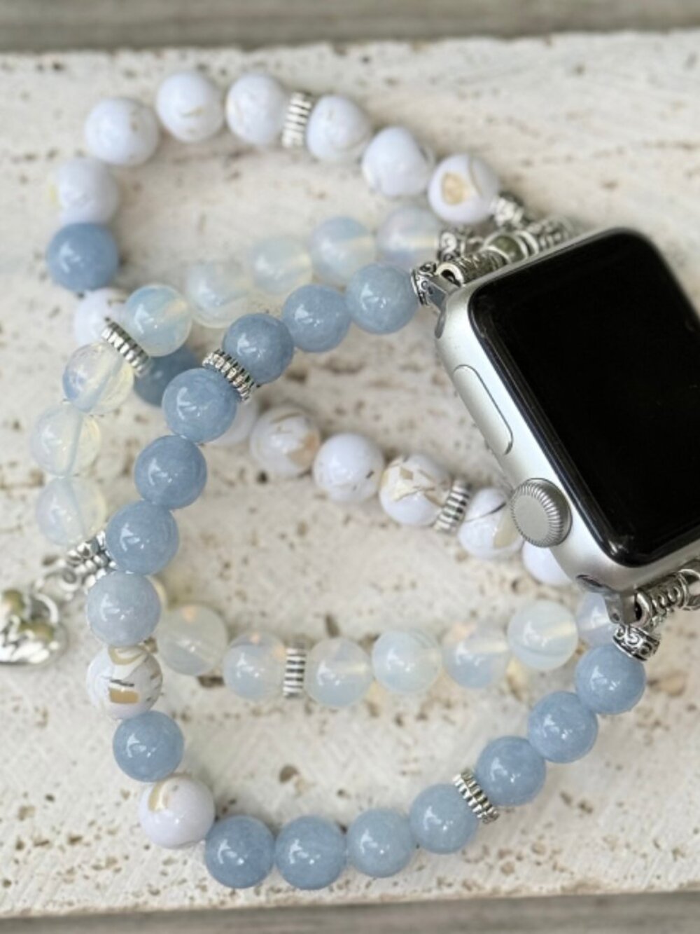Apple Watch Band 42/44mm Aquamarine Opal Crystal Silver Initial Charm Bracelet